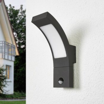 Lucande LED vonkajšie nástenné svietidlo Juvia, senzor, 27 cm, sivé, IP54