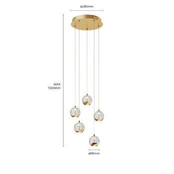 Lucande LED závesné svietidlo Hayley, Ø 30 cm, 5 svetiel, zlatá farba, sklo
