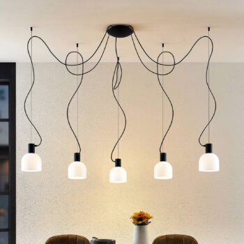 Lucande Serina závesná lampa, 5-pl., sklo biela