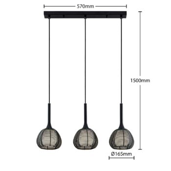 Lucande Tetira závesná lampa 3-pl., dlhá čierna