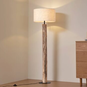Lucande stojaca lampa Jorvan, krémová, eukalyptus, ľan