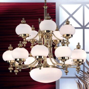 Luster Delia, mosadzná farba, Ø 100 cm, 16 svetiel, sklo