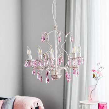 Luster Kate, 5-pl. biely, ružové kryštály