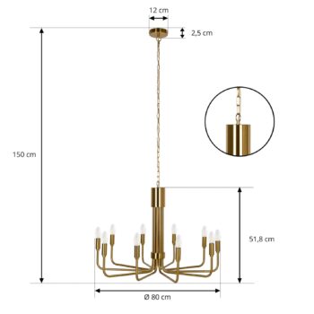 Luster Lindby Elanova, mosadz, 10 svetiel, Ø 80 cm, E14