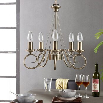 Luster Lindby Marnia, 5 svetiel, Ø 40 cm, antická mosadz, E14