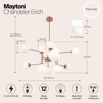 Luster Maytoni Erich, mosadzné ružové sklo/kov 12 svetiel.