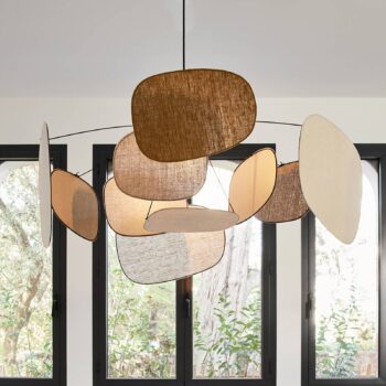 MARKET SET Závesná lampa Screen 70. roky, Ø 110 cm, ľan, farebná