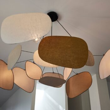 MARKET SET Závesná lampa Screen 70. roky, Ø 150 cm, ľan, farebná