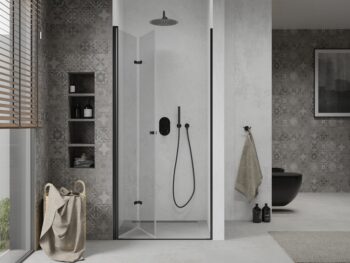 MEXEN - LIMA skladacie dvere 80x190 cm 6mm, čierne, transparent so stenovým profilom 856-080-000-70-00