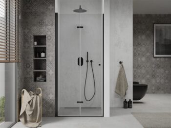 MEXEN - LIMA skladacie dvere 90x190 cm 6mm, čierne, transparent so stenovým profilom 856-090-000-70-00