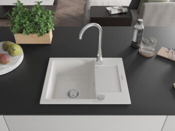 MEXEN MEXEN - Enzo granitový drez 1-misa drez s vypúšťaním krátky odkvapkávač 576x465 mm, biela 6506571005-20