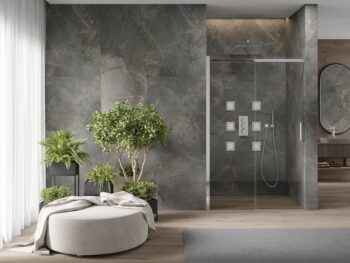 MEXEN - Omega posuvné sprchové dvere 150, sklo transparent, chróm so sadou pre niku 825-150-000-01-00