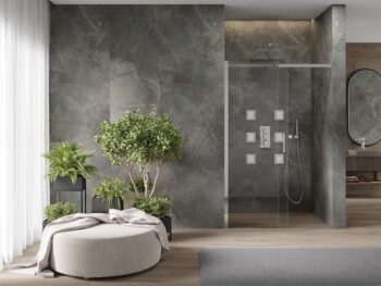 MEXEN - Omega posuvné sprchové dvere 150, sklo transparent, chróm so sadou pre niku 825-150-000-01-00