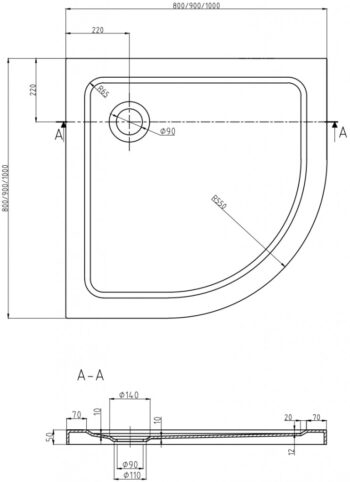 MEXEN - Štvrťkruhová vanička 90x90, biela 41109090