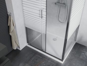 MEXEN/S - Apia obdĺžnikový sprchový kút 130x90, transparent / pruhy, chróm + vanička 840-130-090-01-20-4010