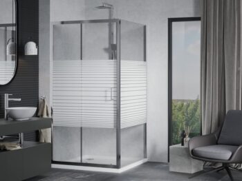 MEXEN/S - Apia sprchovací kút posuvný 90x90, sklo transparent / pruhy, chróm + vanička 840-090-090-01-20-4010