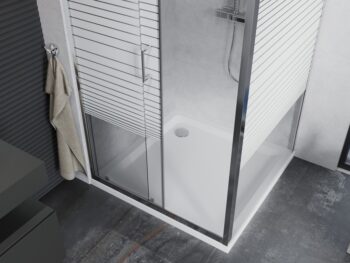 MEXEN/S - Apia sprchovací kút posuvný 90x90, sklo transparent / pruhy, chróm + vanička 840-090-090-01-20-4010
