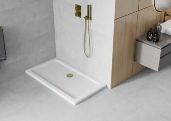 MEXEN/S - Flat sprchová vanička obdĺžniková slim 130 x 70, biela + zlatý sifón 40107013G