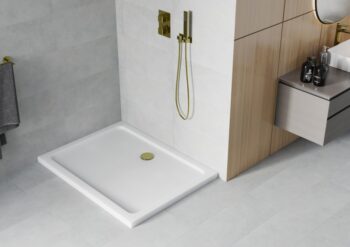 MEXEN/S - Flat sprchová vanička obdĺžniková slim 90 x 80, biela + zlatý sifón 40108090G
