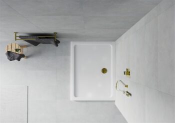MEXEN/S - Flat sprchová vanička obdĺžniková slim 90 x 80, biela + zlatý sifón 40108090G