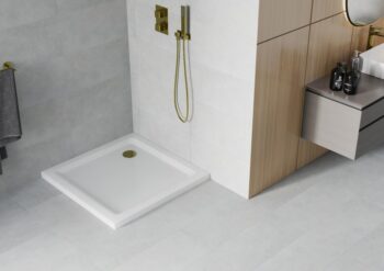 MEXEN/S - Flat sprchová vanička štvorcová slim 90 x 90, biela + zlatý sifón 40109090G
