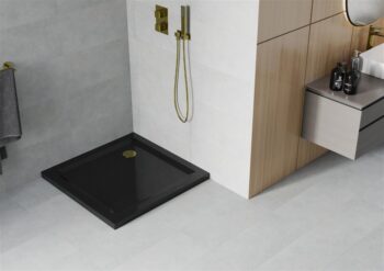 MEXEN/S - Flat sprchová vanička štvorcová slim 90 x 90, černá + zlatý sifón 40709090G