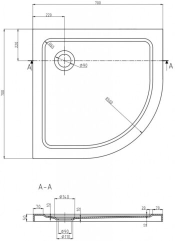 MEXEN/S - Flat sprchová vanička štvrťkruhová slim 70 x 70, černá + čierny sifón 41707070B