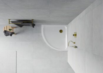 MEXEN/S - Flat sprchová vanička štvrťkruhová slim 90 x 90, biela + zlatý sifón 41109090G