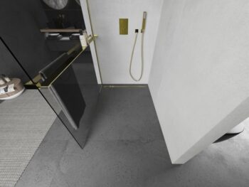 MEXEN/S - KIOTO Sprchová zástena WALK-IN s poličkou a držiakom uterákov 100 x 200, transparent 8 mm, zlatá 800-100-121-50-00