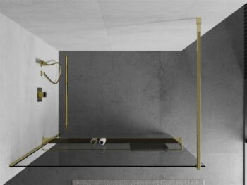MEXEN/S - KIOTO Sprchová zástena WALK-IN s poličkou a držiakom uterákov 100 x 200, transparent 8 mm, zlatá 800-100-121-50-00