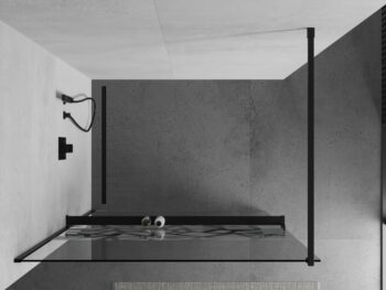 MEXEN/S - KIOTO Sprchová zástena WALK-IN s poličkou a držiakom uterákov 100 x 200, transparent/biely dekor 8 mm, čierna 800-100-121-70-85