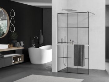 MEXEN/S - KIOTO Sprchová zástena WALK-IN s poličkou a držiakom uterákov 100 x 200, transparent/čierna 8 mm, chróm 800-100-121-01-77