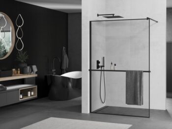 MEXEN/S - KIOTO Sprchová zástena WALK-IN s poličkou a držiakom uterákov 100 x 200, transparent/čierna 8 mm, čierna 800-100-121-70-70