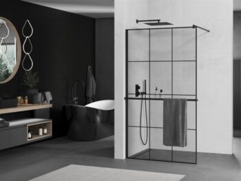 MEXEN/S - KIOTO Sprchová zástena WALK-IN s poličkou a držiakom uterákov 100 x 200, transparent/čierna 8 mm, čierna 800-100-121-70-77