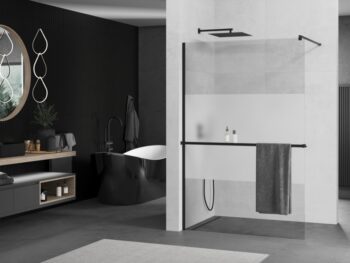 MEXEN/S - KIOTO Sprchová zástena WALK-IN s poličkou a držiakom uterákov 100 x 200, transparent/matné sklo 8 mm, čierna 800-100-121-70-35