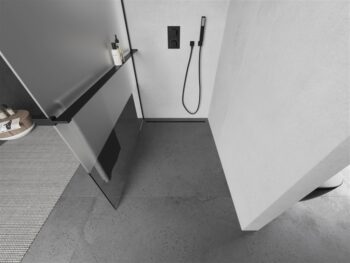 MEXEN/S - KIOTO Sprchová zástena WALK-IN s poličkou a držiakom uterákov 100 x 200, transparent/matné sklo 8 mm, čierna 800-100-121-70-35
