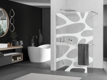 MEXEN/S - KIOTO Sprchová zástena WALK-IN s poličkou a držiakom uterákov 110 x 200, biely dekor 8 mm, chróm 800-110-121-01-97