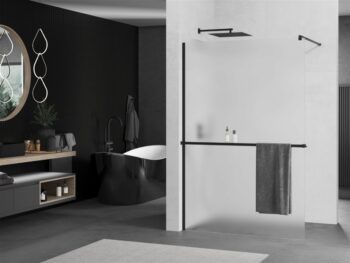 MEXEN/S - KIOTO Sprchová zástena WALK-IN s poličkou a držiakom uterákov 110 x 200, matné sklo 8 mm, čierna 800-110-121-70-30