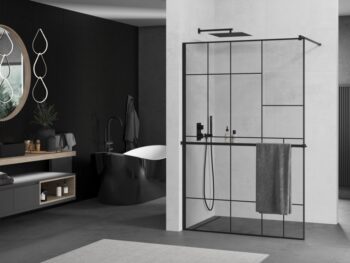 MEXEN/S - KIOTO Sprchová zástena WALK-IN s poličkou a držiakom uterákov 110 x 200, transparent/čierna 8 mm, čierna 800-110-121-70-78