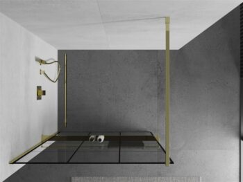 MEXEN/S - KIOTO Sprchová zástena WALK-IN s poličkou a držiakom uterákov 110 x 200, transparent/čierna 8 mm, zlatá 800-110-121-50-77