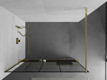 MEXEN/S - KIOTO Sprchová zástena WALK-IN s poličkou a držiakom uterákov 110 x 200, transparent/čierna 8 mm, zlatá 800-110-121-50-78