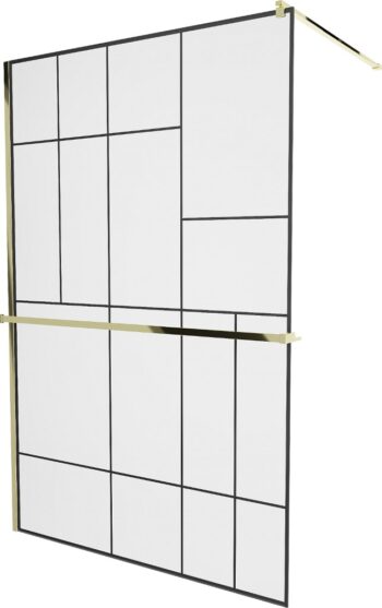 MEXEN/S - KIOTO Sprchová zástena WALK-IN s poličkou a držiakom uterákov 110 x 200, transparent/čierna 8 mm, zlatá 800-110-121-50-78