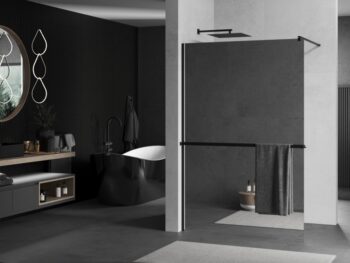 MEXEN/S - KIOTO Sprchová zástena WALK-IN s poličkou a držiakom uterákov 110 x 200, zrkadlové 8 mm, čierna 800-110-121-70-50