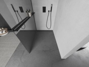 MEXEN/S - KIOTO Sprchová zástena WALK-IN s poličkou a držiakom uterákov 110 x 200, zrkadlové 8 mm, čierna 800-110-121-70-50
