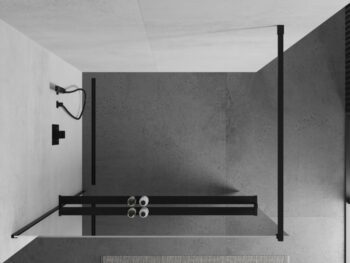 MEXEN/S - KIOTO Sprchová zástena WALK-IN s poličkou a držiakom uterákov 110 x 200, zrkadlové 8 mm, čierna 800-110-121-70-50