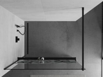 MEXEN/S - KIOTO Sprchová zástena WALK-IN s poličkou a držiakom uterákov 120 x 200, transparent/biely dekor 8 mm, čierna 800-120-121-70-85