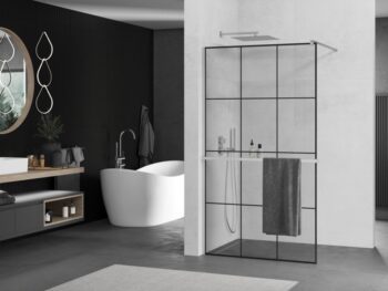 MEXEN/S - KIOTO Sprchová zástena WALK-IN s poličkou a držiakom uterákov 120 x 200, transparent/čierna 8 mm, chróm 800-120-121-01-77
