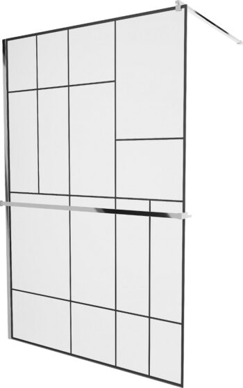 MEXEN/S - KIOTO Sprchová zástena WALK-IN s poličkou a držiakom uterákov 120 x 200, transparent/čierna 8 mm, chróm 800-120-121-01-78