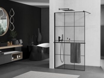 MEXEN/S - KIOTO Sprchová zástena WALK-IN s poličkou a držiakom uterákov 120 x 200, transparent/čierna 8 mm, čierna - 800-110-121-70-77 800-120-121-70-77
