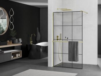 MEXEN/S - KIOTO Sprchová zástena WALK-IN s poličkou a držiakom uterákov 120 x 200, transparent/čierna 8 mm, zlatá 800-120-121-50-77